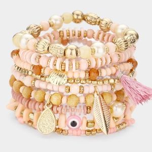 💥Evil Eye Beaded Bracelet Pink stretchy 9pcs